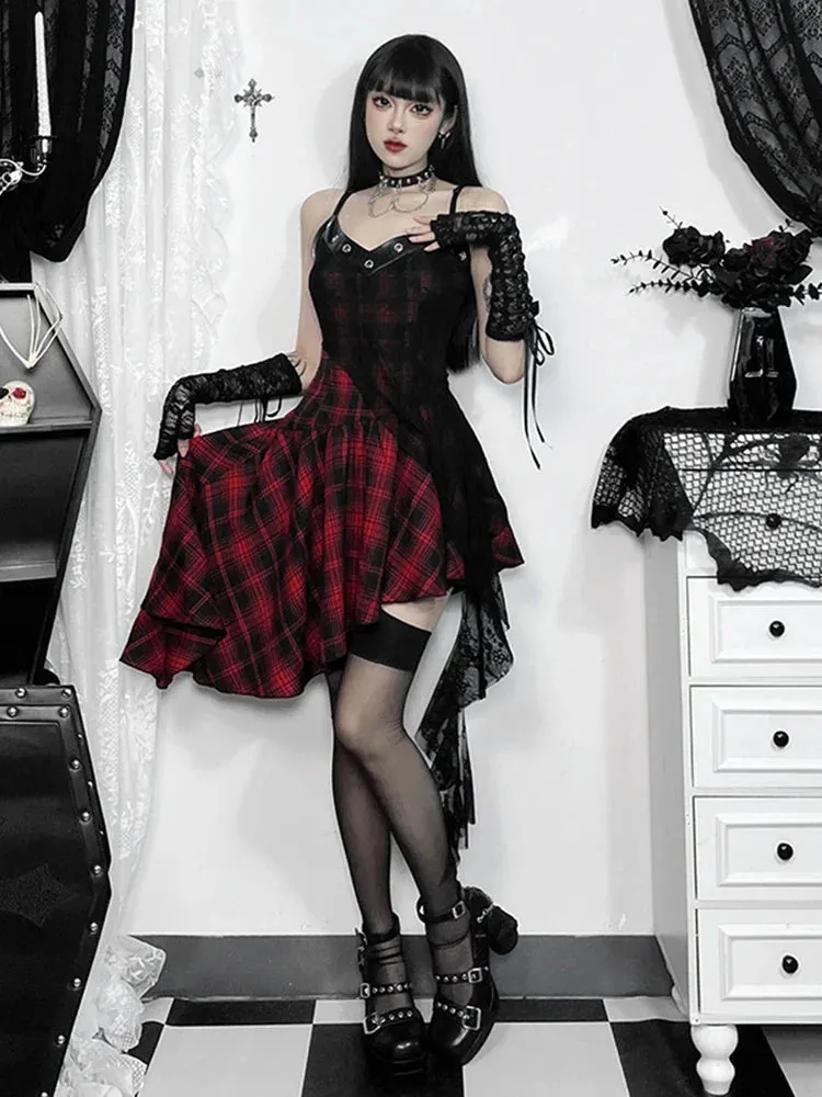 Gothic Plaid Irregular Club Party Red Patchwork Backless Vintage Y2K Lace Gown