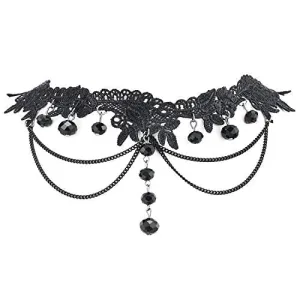 Gothic Victorian Nostalgic Black Lace Choker Necklace with Long Dangling Black Beads and Chains