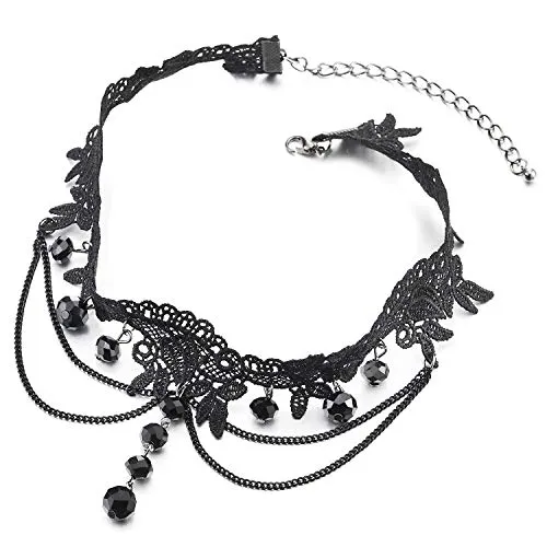 Gothic Victorian Nostalgic Black Lace Choker Necklace with Long Dangling Black Beads and Chains