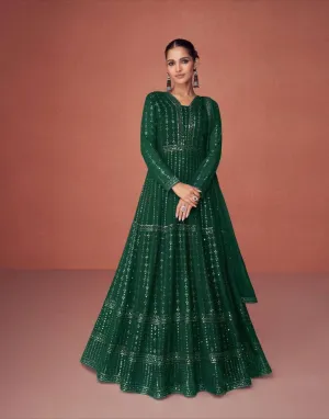 Gown for Parties: Green with Exquisite Embroidery