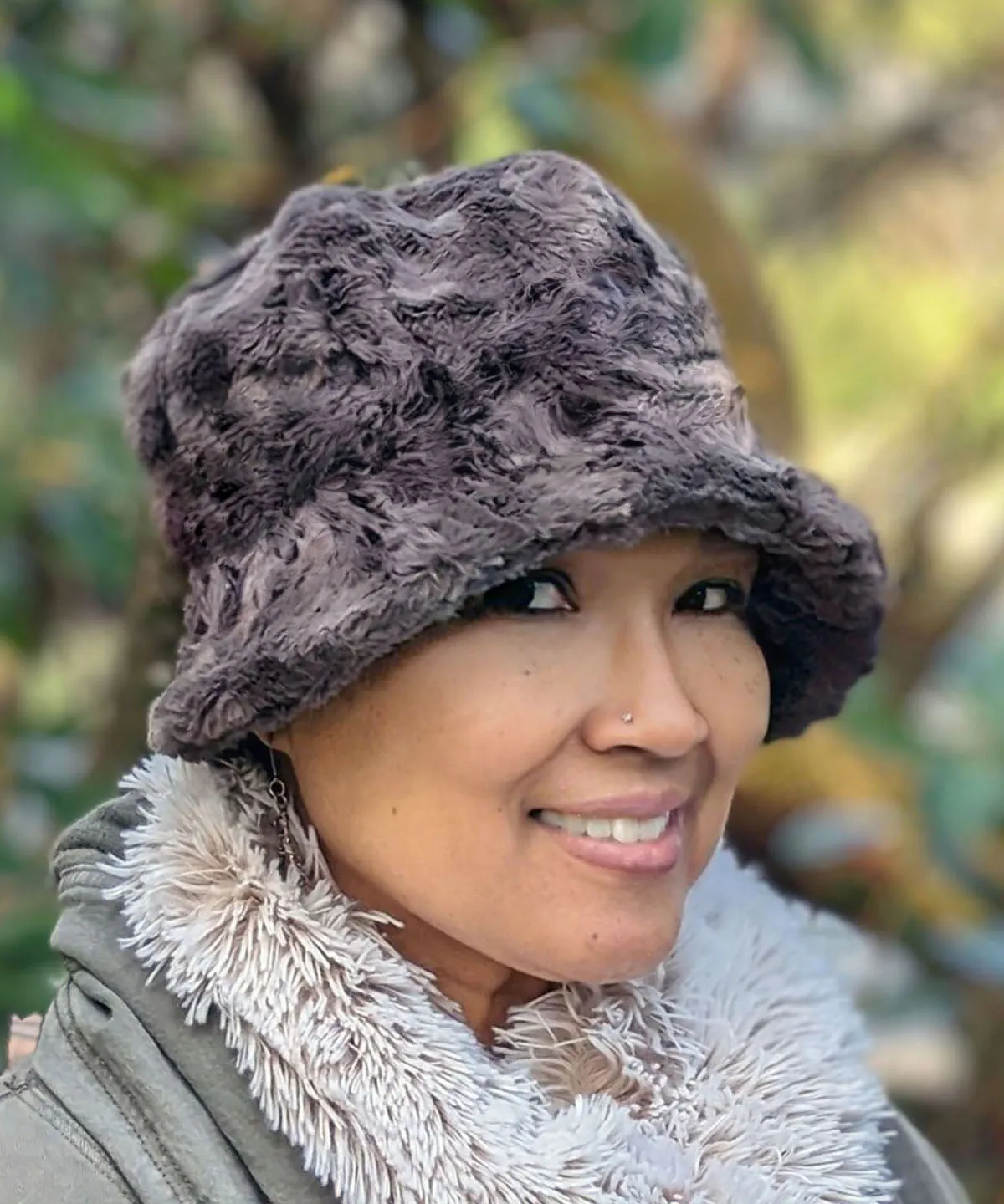 Grace Cloche Style Hat - Cuddly Faux Fur in Gray (Satin Band SA21-04CHM - Champagne Sash Sold Out!)