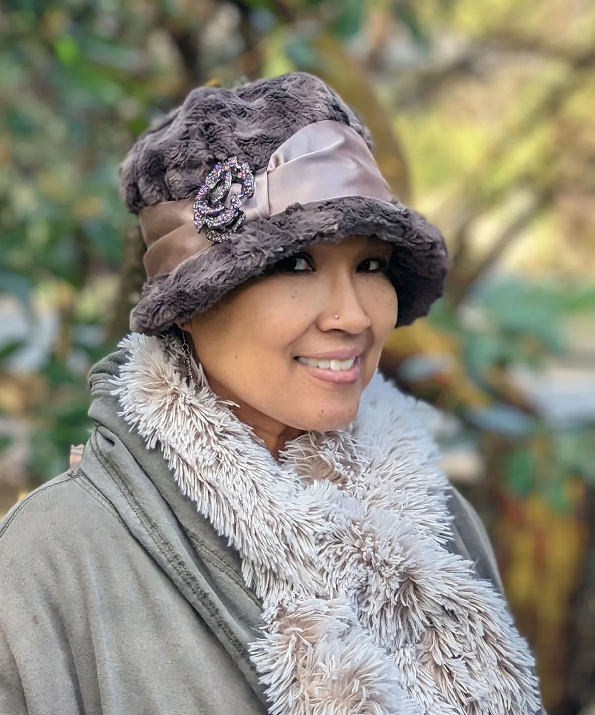 Grace Cloche Style Hat - Cuddly Faux Fur in Gray (Satin Band SA21-04CHM - Champagne Sash Sold Out!)