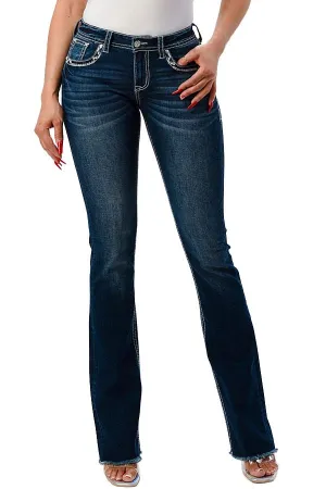 Grace in LA Horseshoe Embellished Mid Rise Bootcut Jeans