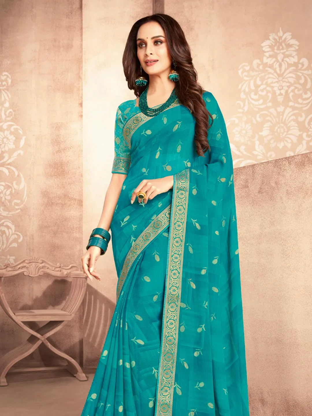 Graceful Azure Blue Printed Chiffon Designer Saree With Blouse