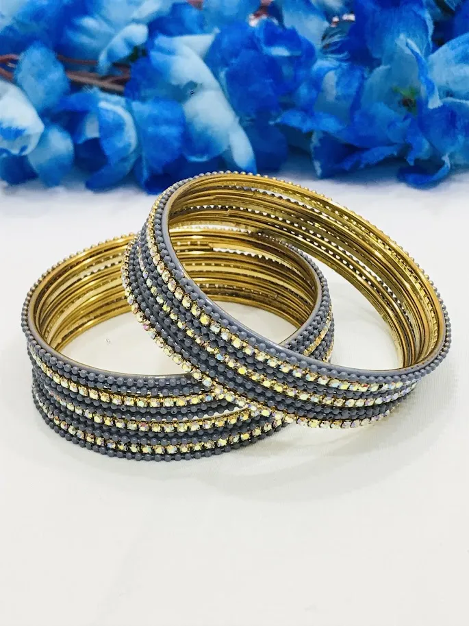 Graceful Gray Color Stone Design Metal Bangles