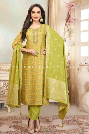 Graceful Light Green Silk Suit with Ikat Work