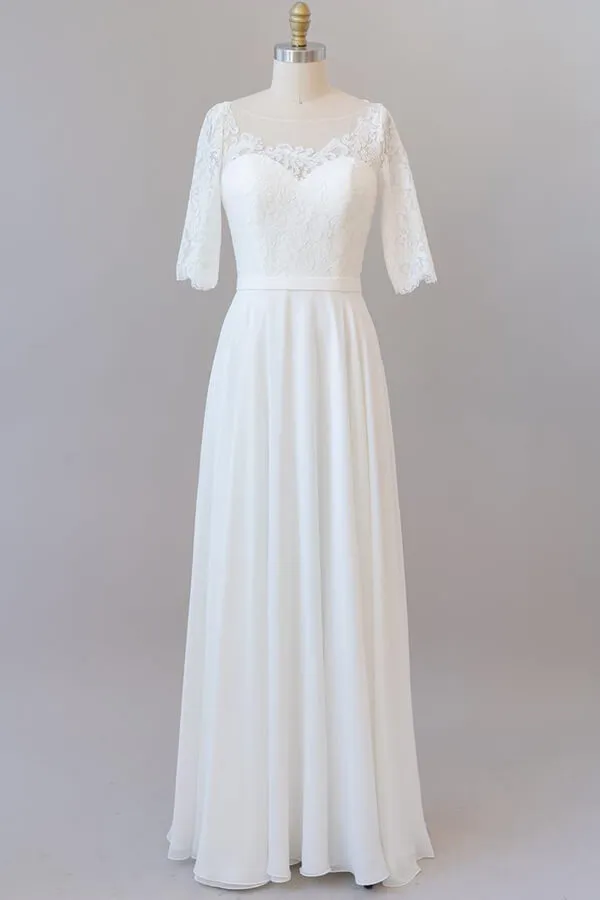 Graceful Long A-line Lace Chiffon Wedding Dress with Sleeves