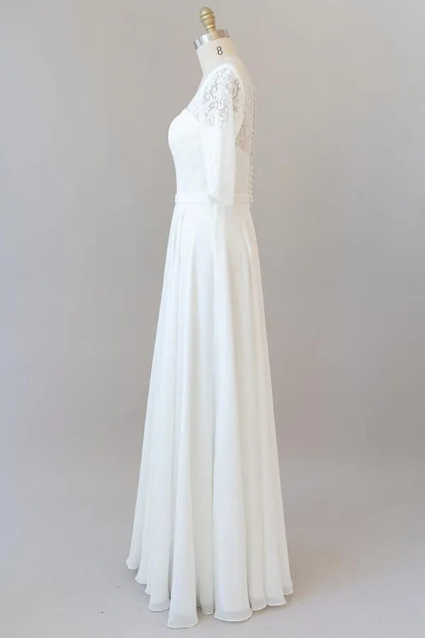 Graceful Long A-line Lace Chiffon Wedding Dress with Sleeves