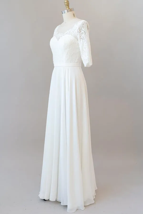 Graceful Long A-line Lace Chiffon Wedding Dress with Sleeves