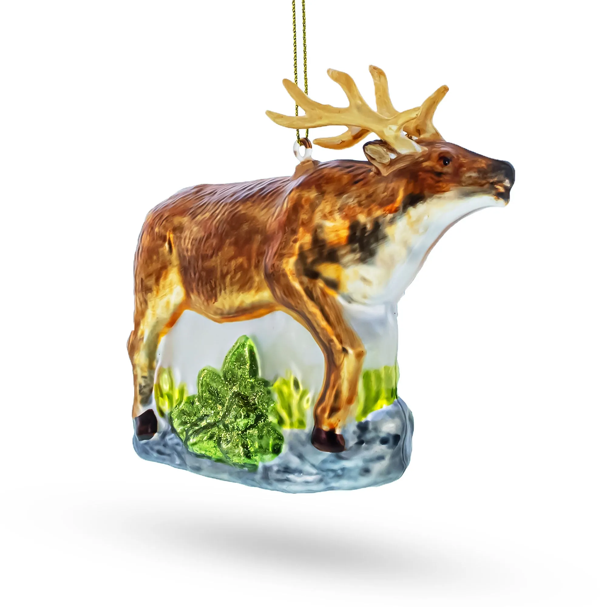 Graceful Reindeer On Grass - Blown Glass Christmas Ornament