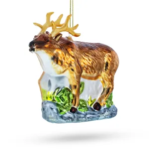 Graceful Reindeer On Grass - Blown Glass Christmas Ornament