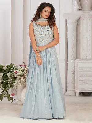 Graceful Steel Blue Gown Paired With Authentic Dupatta