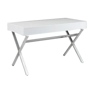 Gracie 47 Inch Desk, White Rectangular Top, 2 Drawers, Chrome Metal Legs By Casagear Home