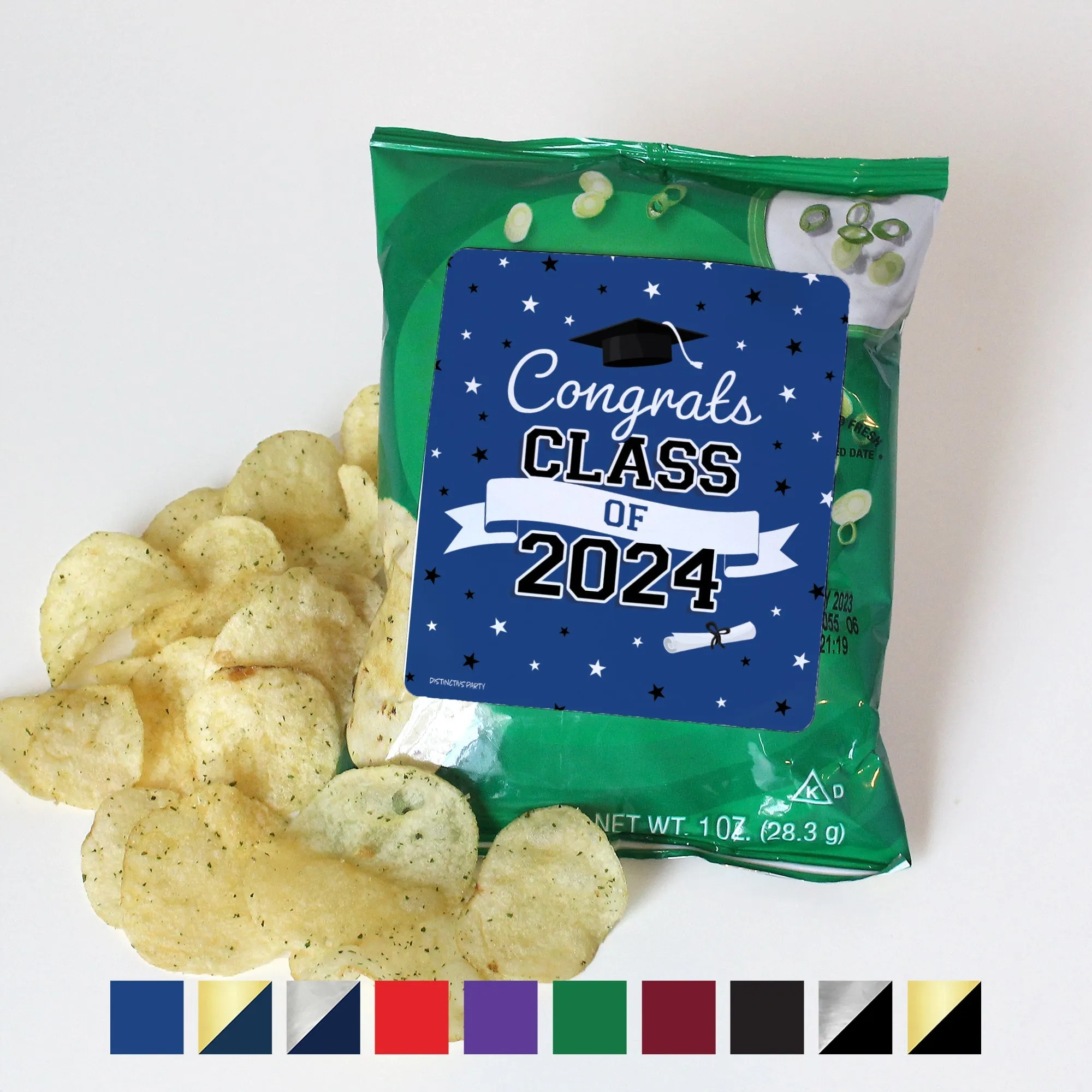 Graduation Class of 2024: Graduation Party Favors - Chip Bag and Snack Bag Stickers - 10 School Colors - 32 Stickers