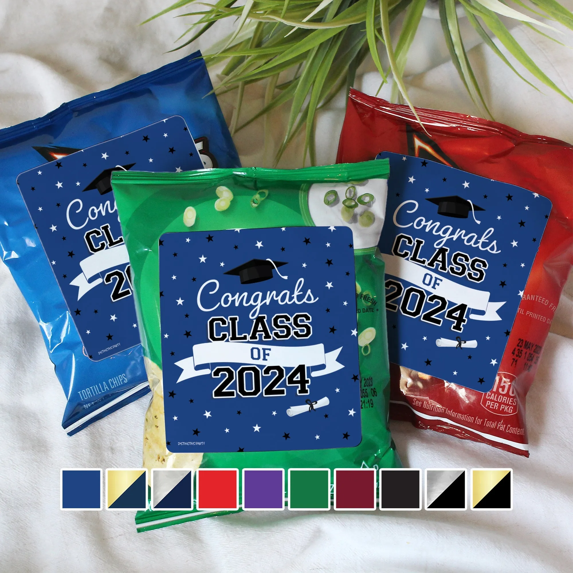 Graduation Class of 2024: Graduation Party Favors - Chip Bag and Snack Bag Stickers - 10 School Colors - 32 Stickers