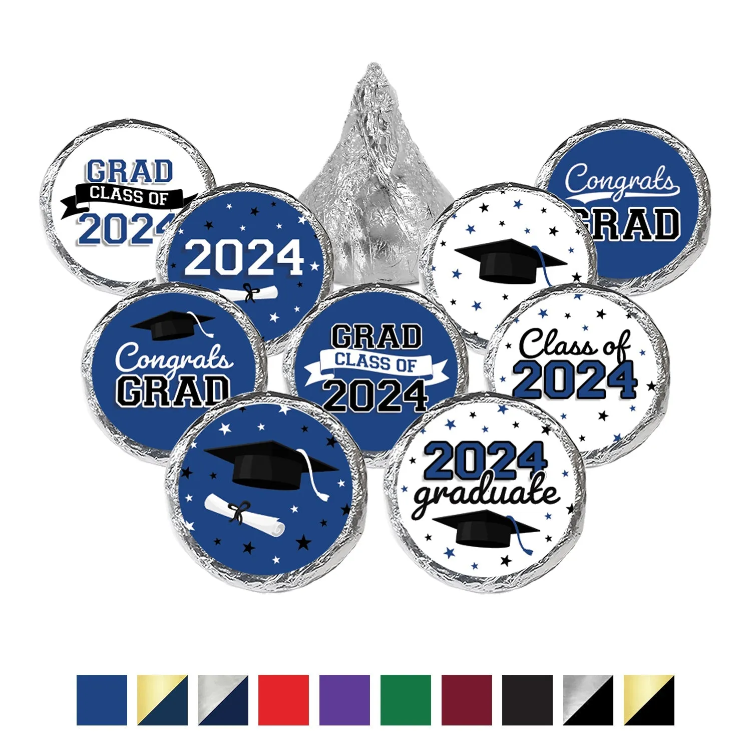 Graduation Class of 2024: Graduation Party Favors - Fits on Hershey® Kisses - 10 School Colors - 180 Stickers