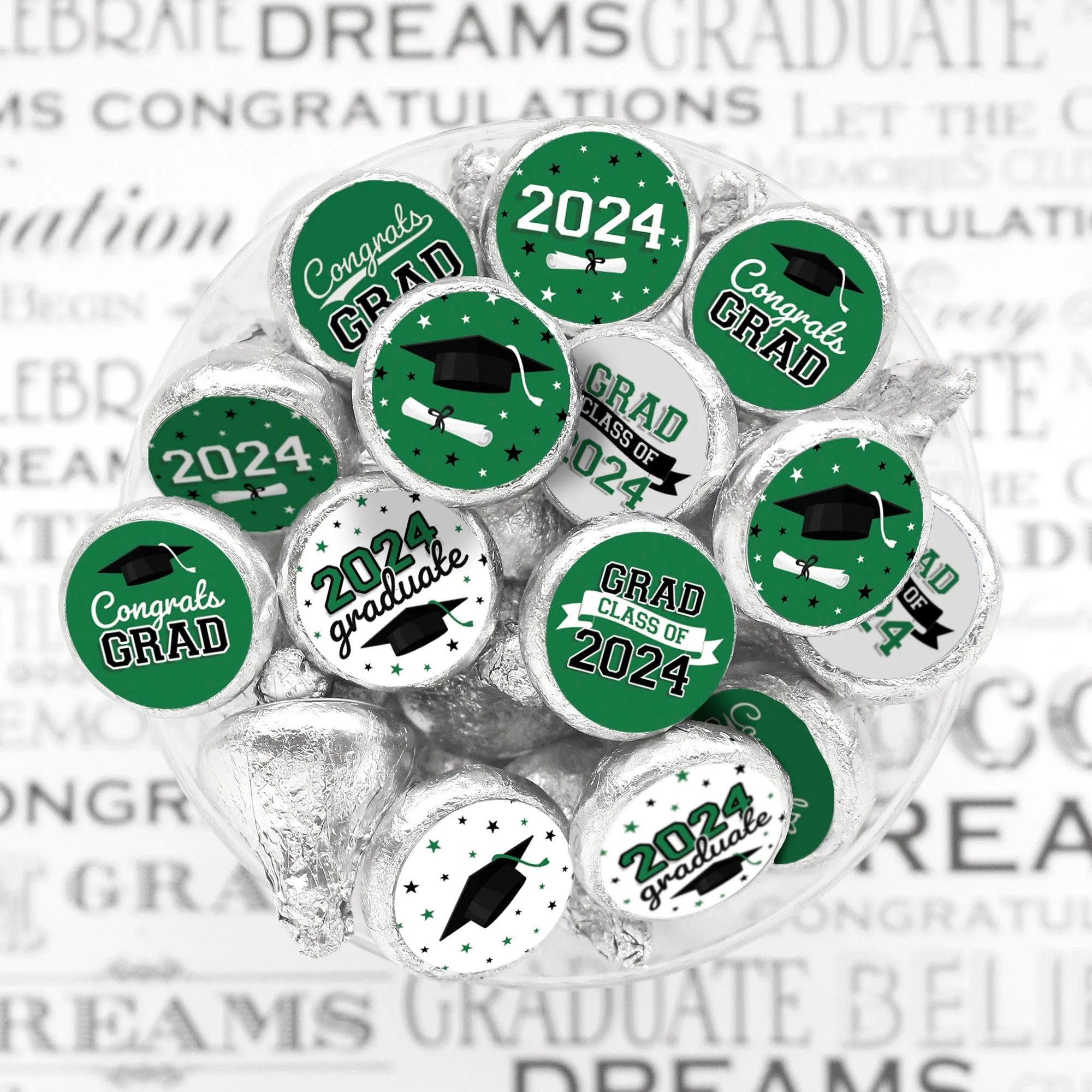 Graduation Class of 2024: Graduation Party Favors - Fits on Hershey® Kisses - 10 School Colors - 180 Stickers