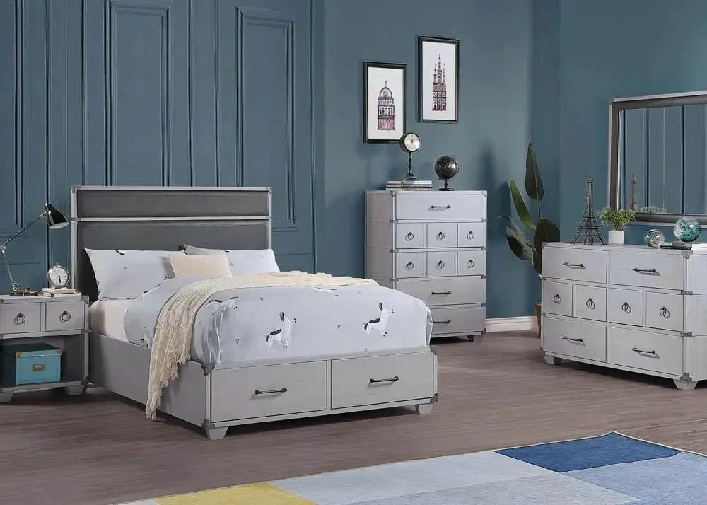 Graham Full Bed  w/Storage, Gray Faux Leather & Gray