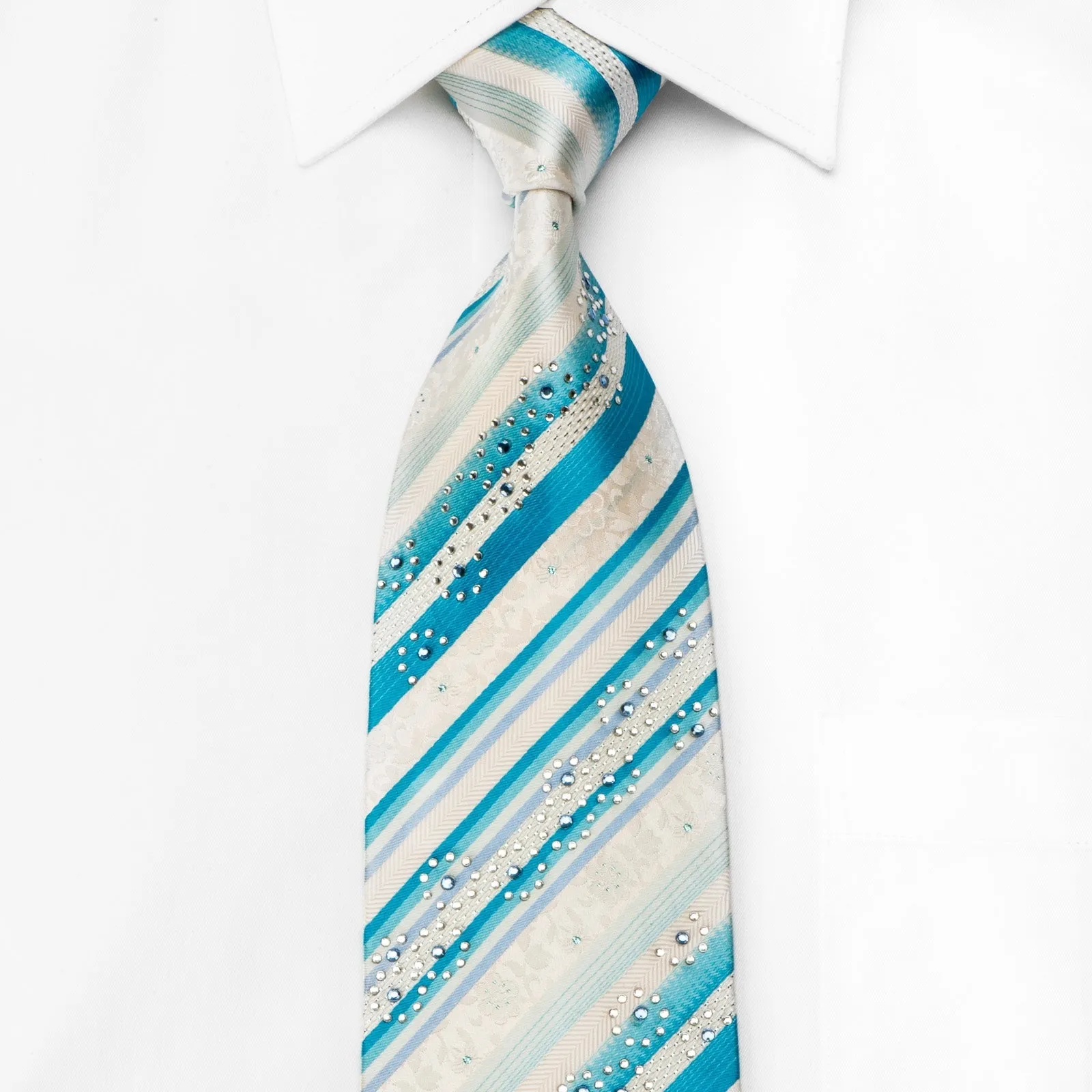 Grand Jour Men's Crystal Silk Tie Blue Striped On White Floral With Blue Sparkles