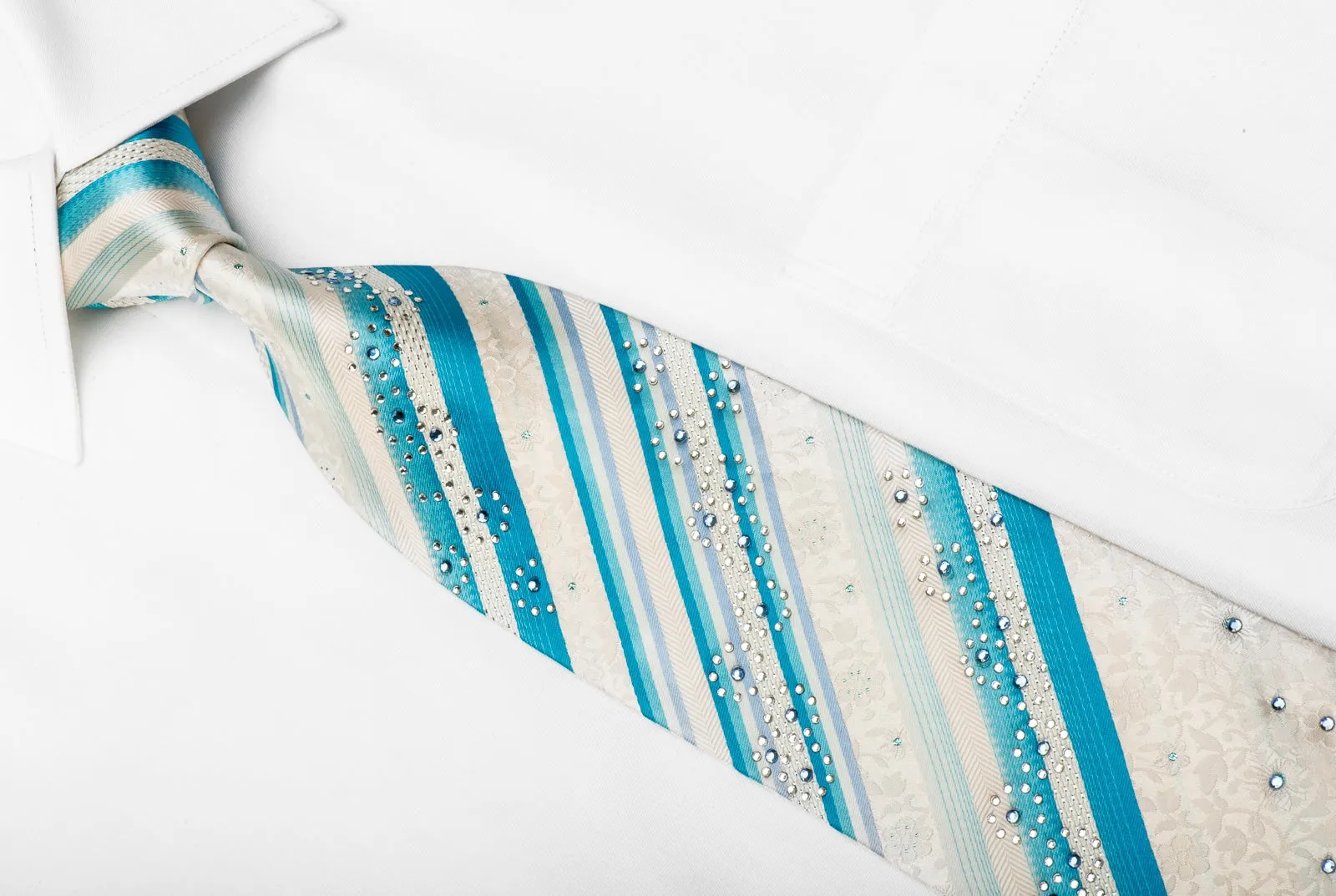 Grand Jour Men's Crystal Silk Tie Blue Striped On White Floral With Blue Sparkles