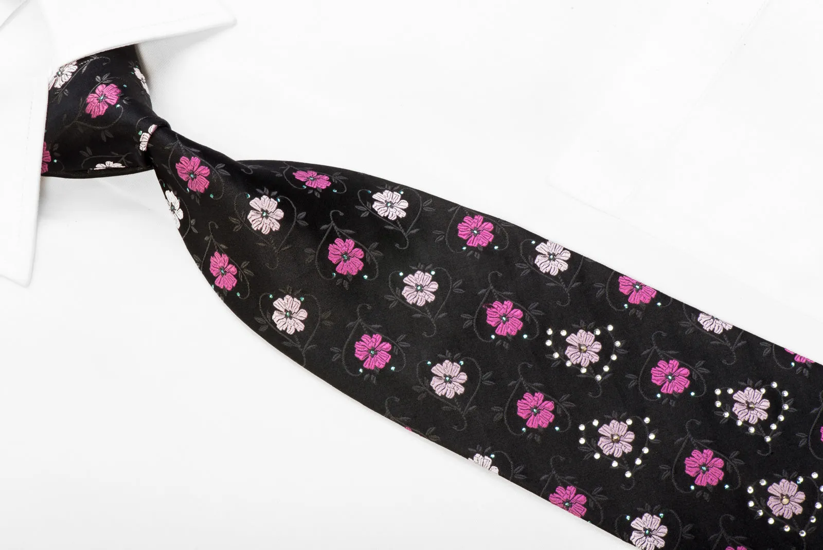 Grang Cia Rhinestone Silk Tie Floral On Black With Sparkles