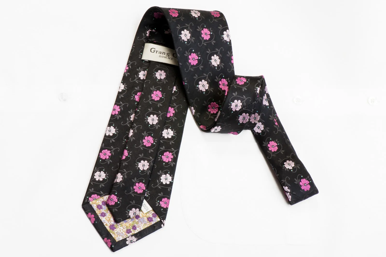 Grang Cia Rhinestone Silk Tie Floral On Black With Sparkles