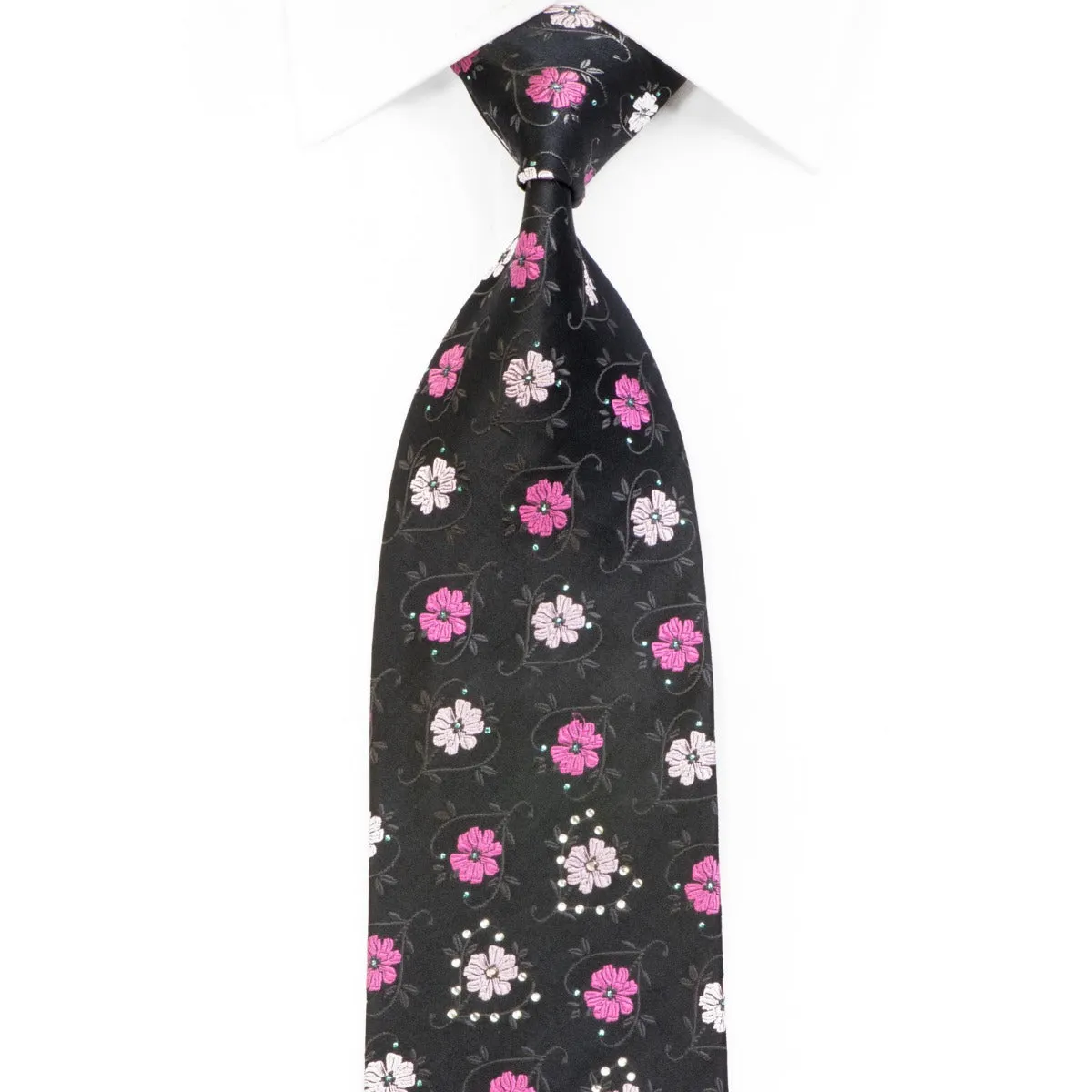 Grang Cia Rhinestone Silk Tie Floral On Black With Sparkles