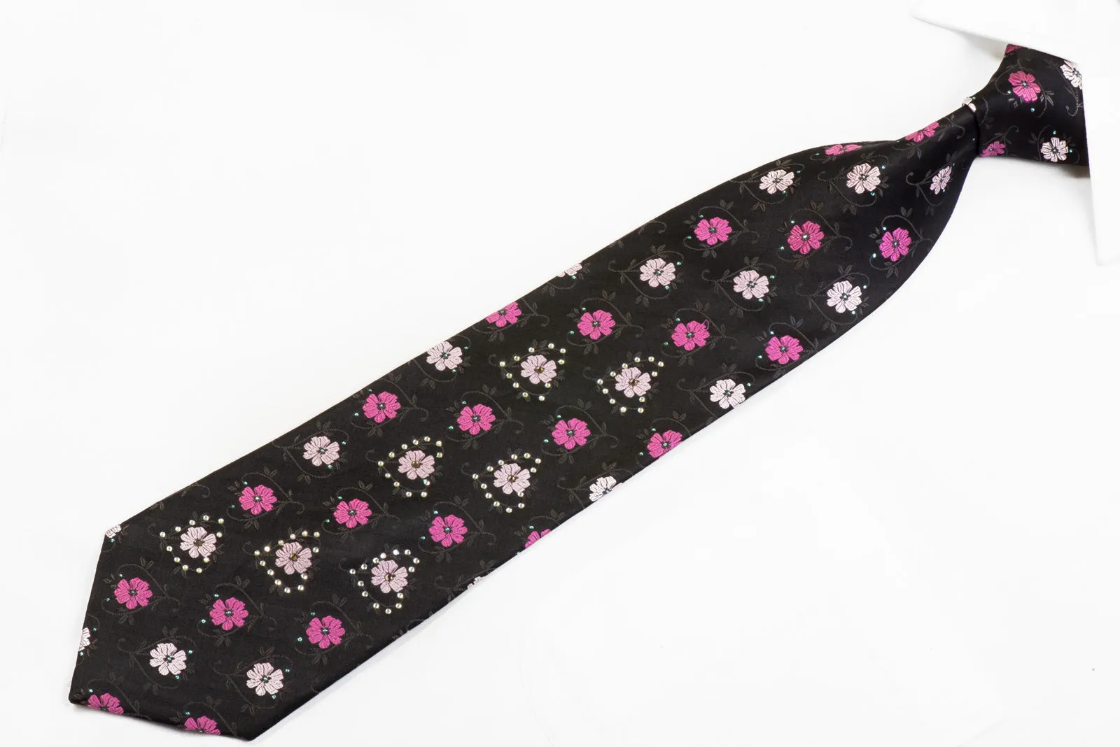 Grang Cia Rhinestone Silk Tie Floral On Black With Sparkles