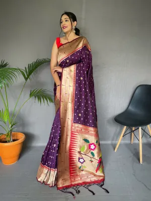 Grape Purple Polka Paithani Silk