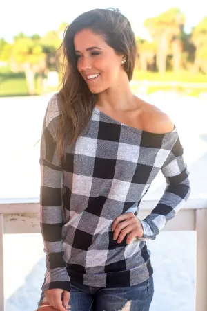 Gray and Black Plaid Asymmetrical Top