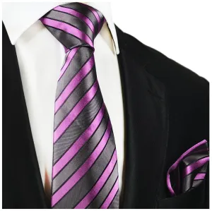 Gray and Lilac Striped Silk Tie and Pocket Square