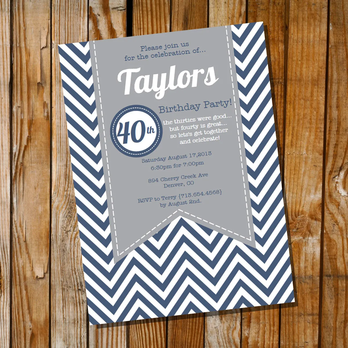 Gray and Navy Blue Chevron Birthday Invitation