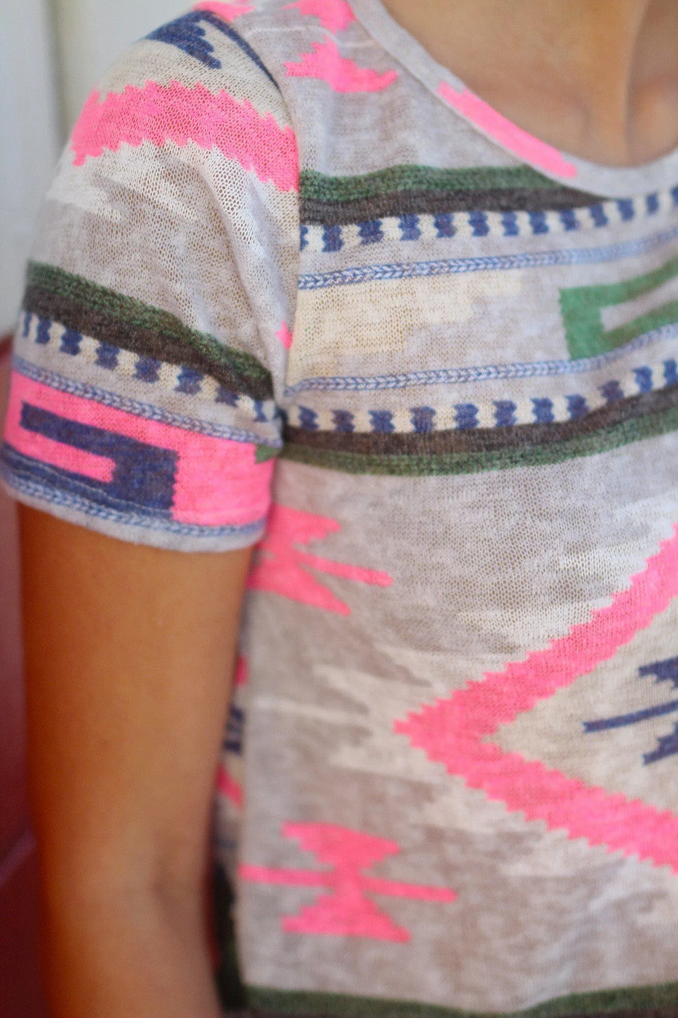 Gray and Neon Pink Aztec Top