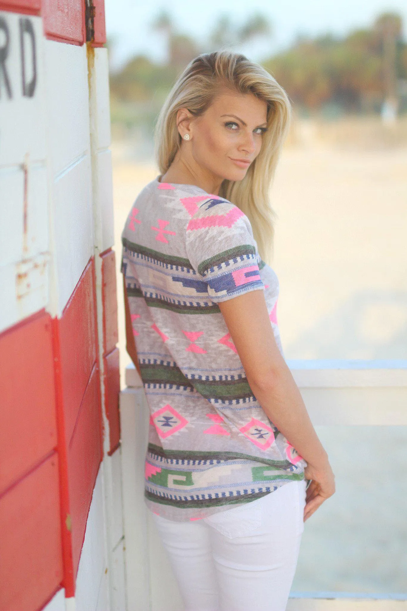 Gray and Neon Pink Aztec Top