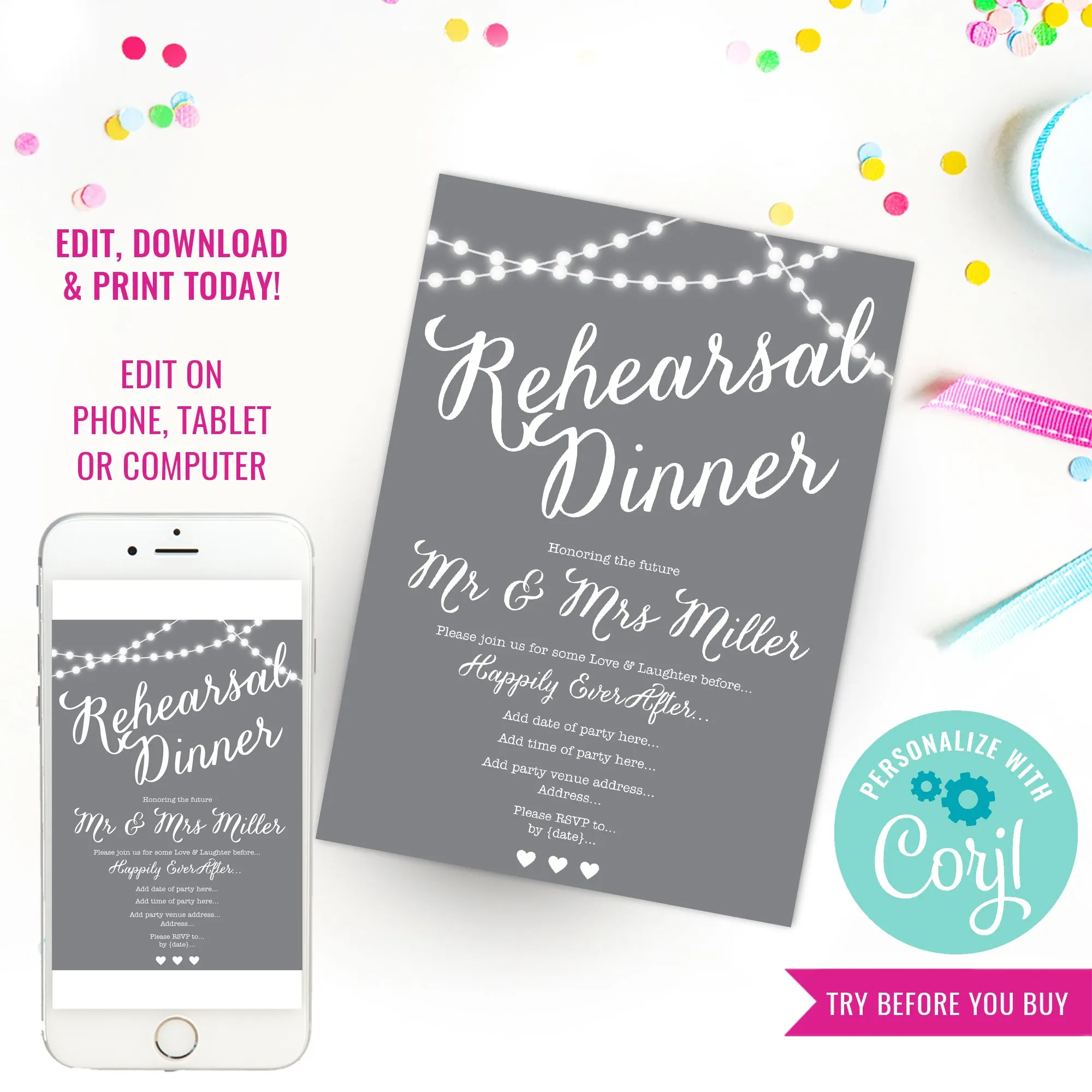 Gray and White Rehearsal Dinner Invitation