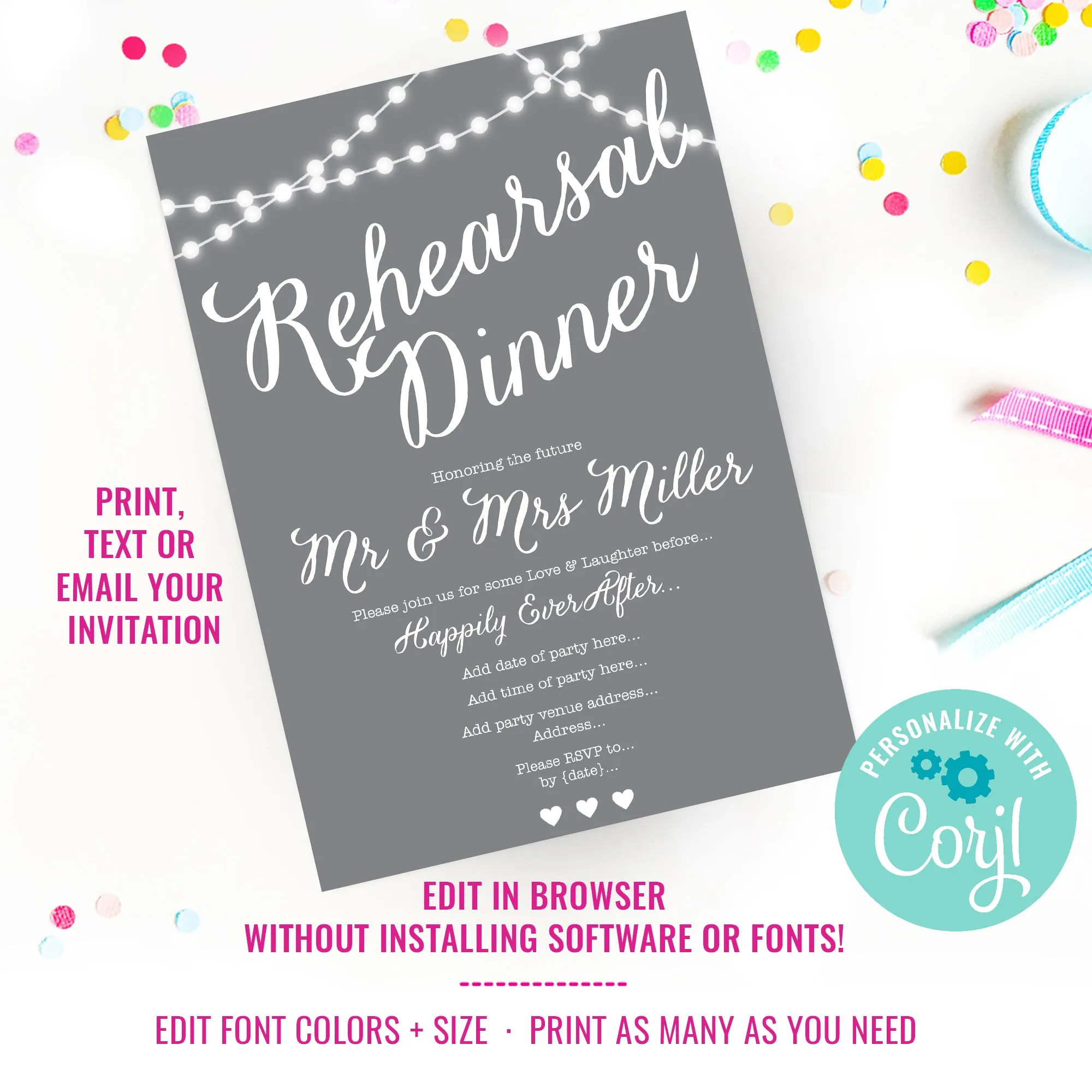 Gray and White Rehearsal Dinner Invitation