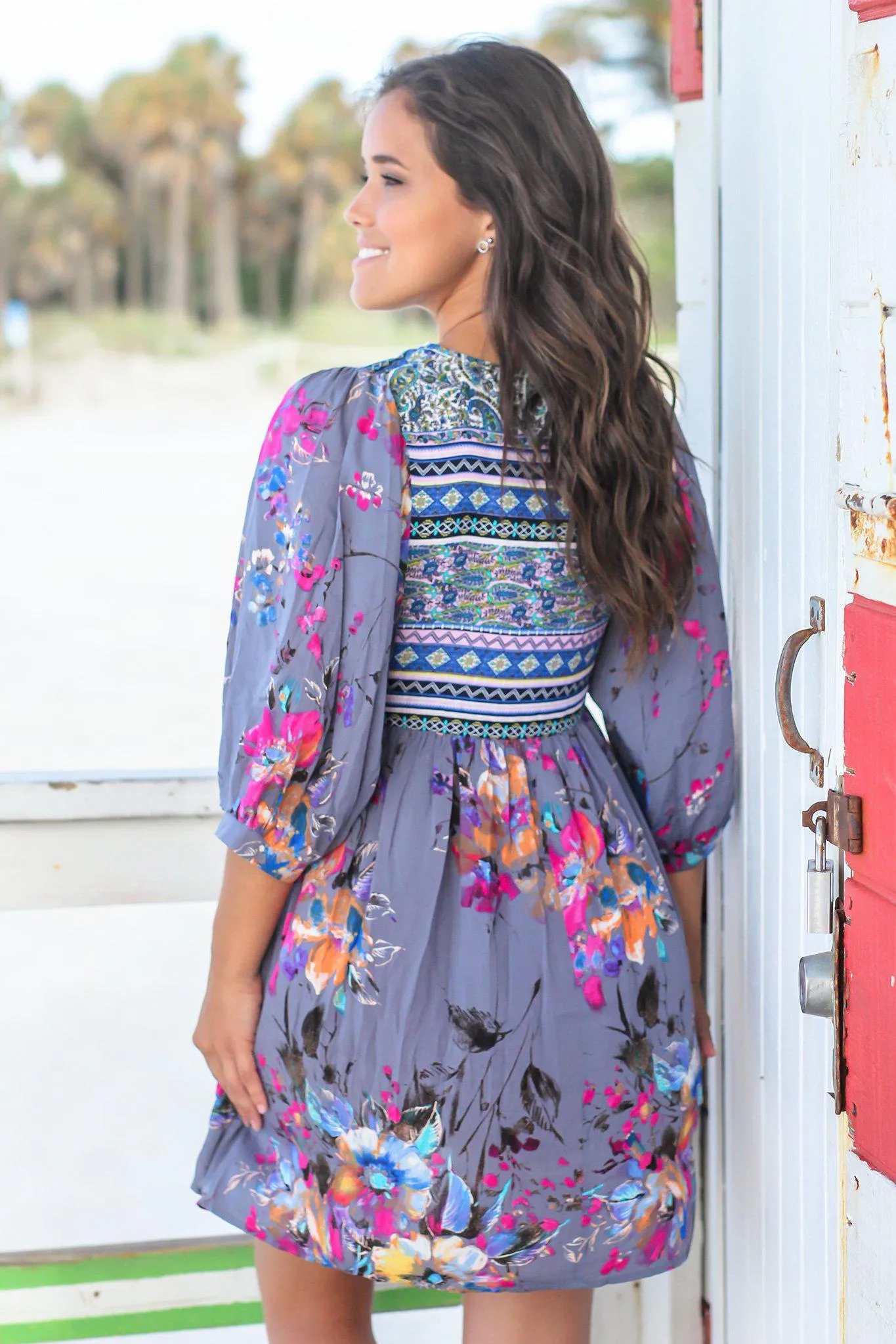 Gray Boho Floral Printed Short Dress