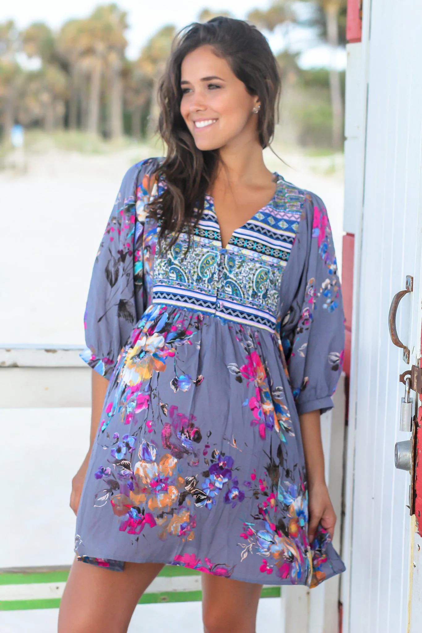 Gray Boho Floral Printed Short Dress