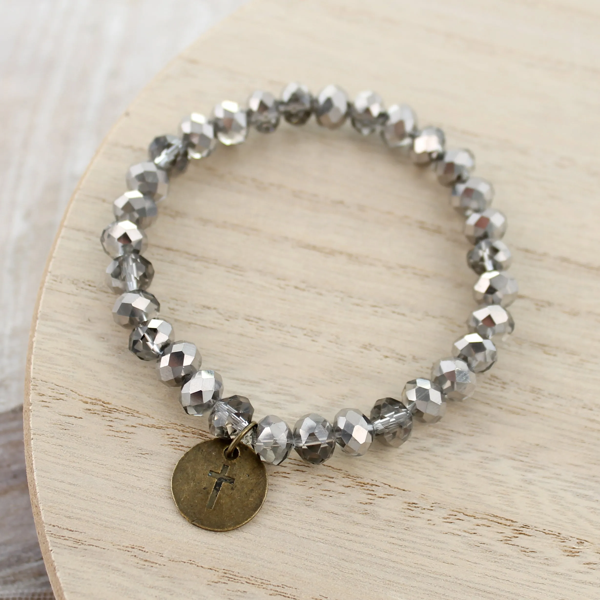 Gray Crystal & Cross Stretch Bracelet