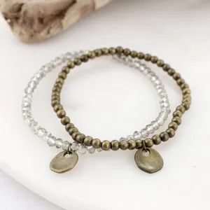 Gray Crystal & Vintage Disc 2-Strand Stretch Bracelet Set