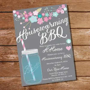 Gray Floral Housewarming BBQ Invitation