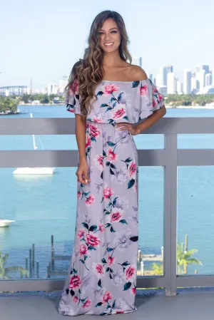 Gray Floral Off Shoulder Maxi Dress