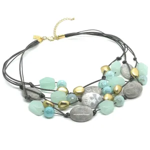 Gray Fossil Coral And Aqua Agate Torsade Necklace