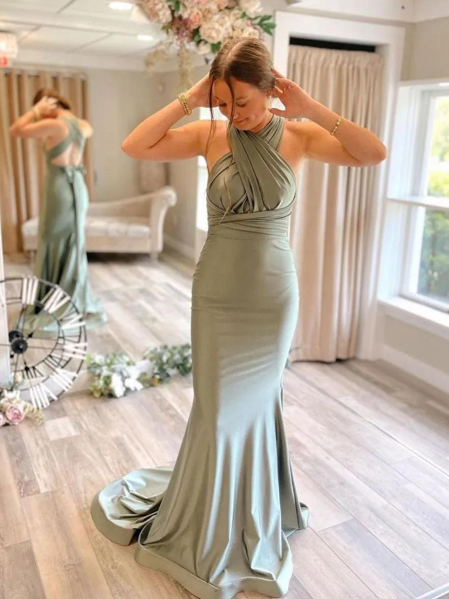 Gray green satin mermaid long prom dress, gray green evening dress