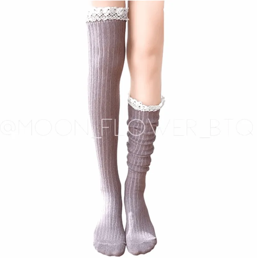 Gray Lace Trim Knit Over the Knee Socks