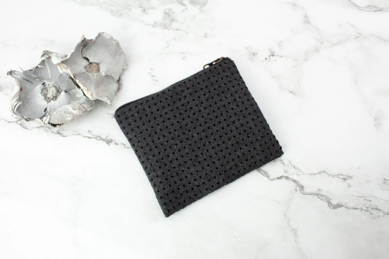 Gray Laser Cut Wool Zipper Pouch