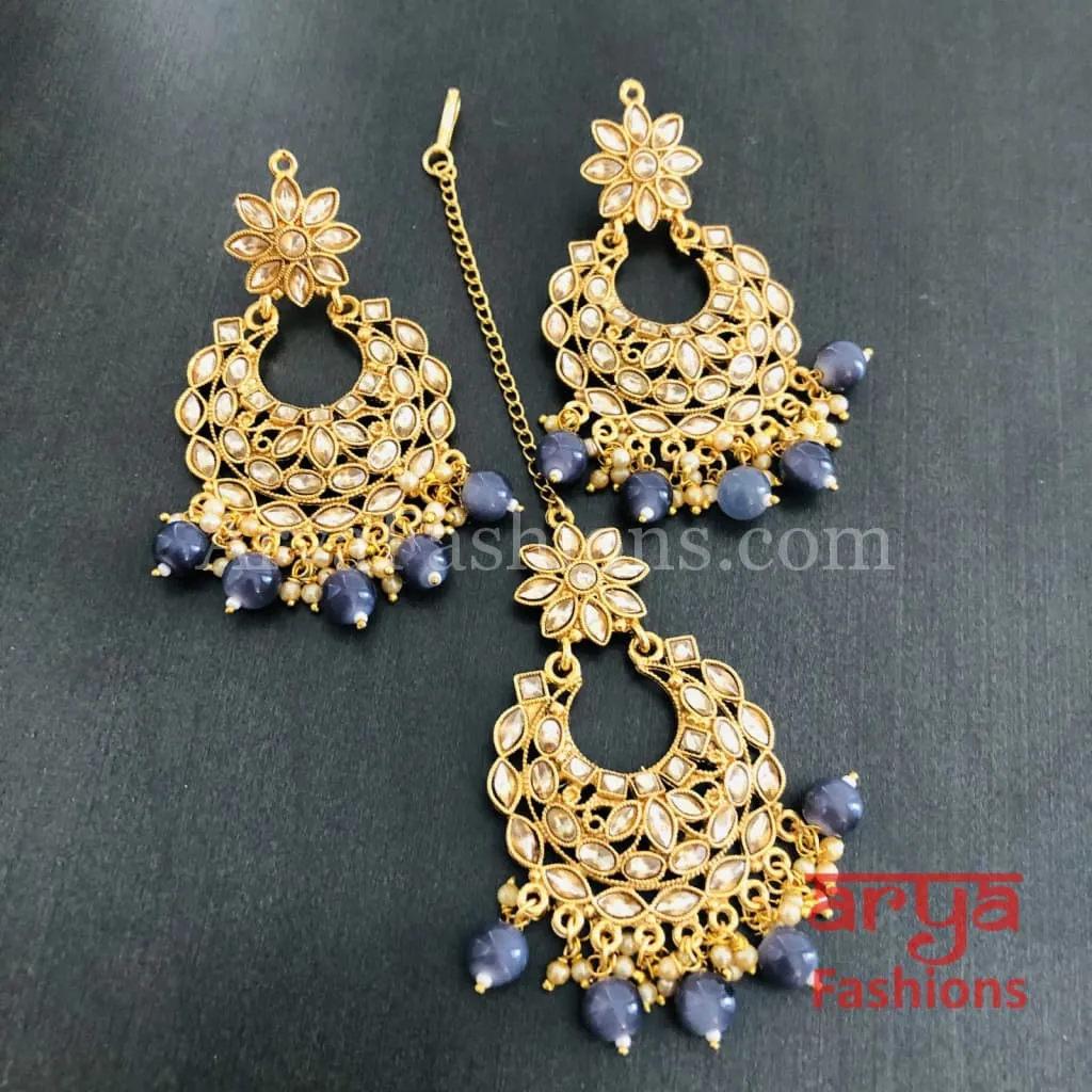 Gray Mang Tika and Big Chandbali Earrings Combo Set