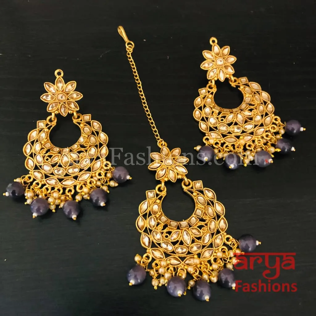 Gray Mang Tika and Big Chandbali Earrings Combo Set