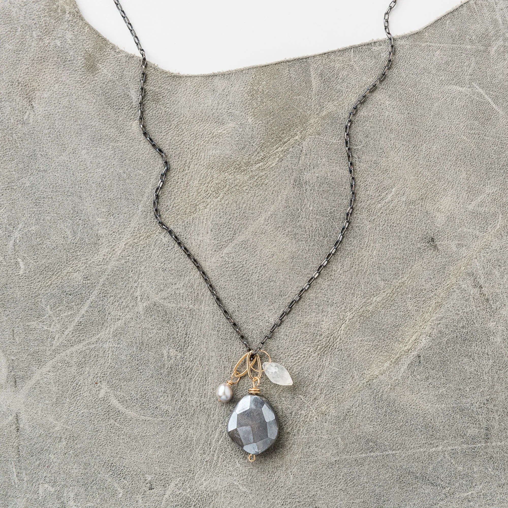 Gray Moonstone Nugget Cluster Necklace on Black Box Chain