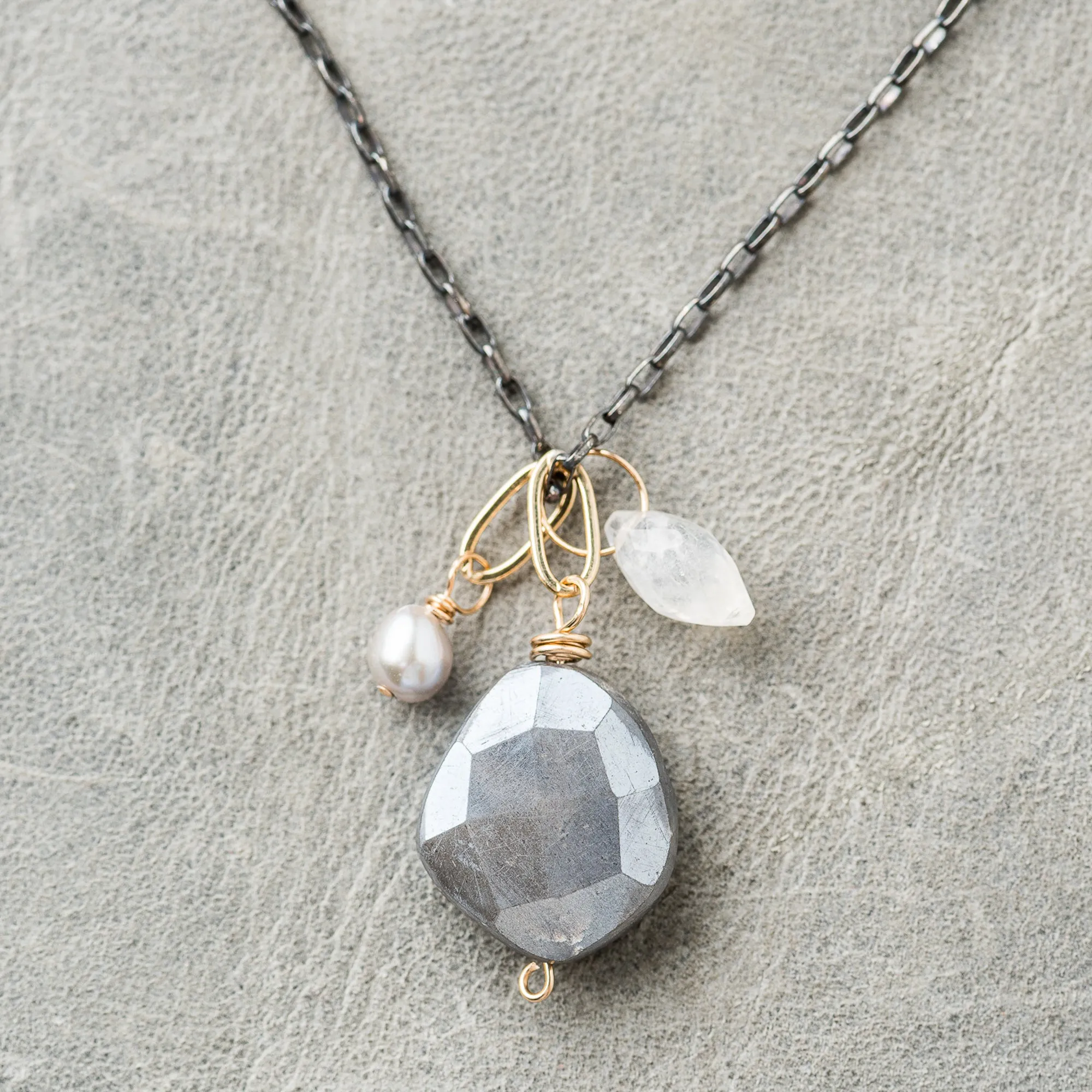 Gray Moonstone Nugget Cluster Necklace on Black Box Chain